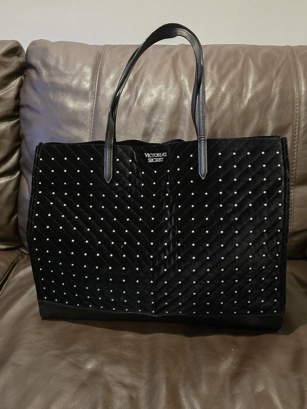 Victoria's Secret Black Quilted Velvet Studded Tote